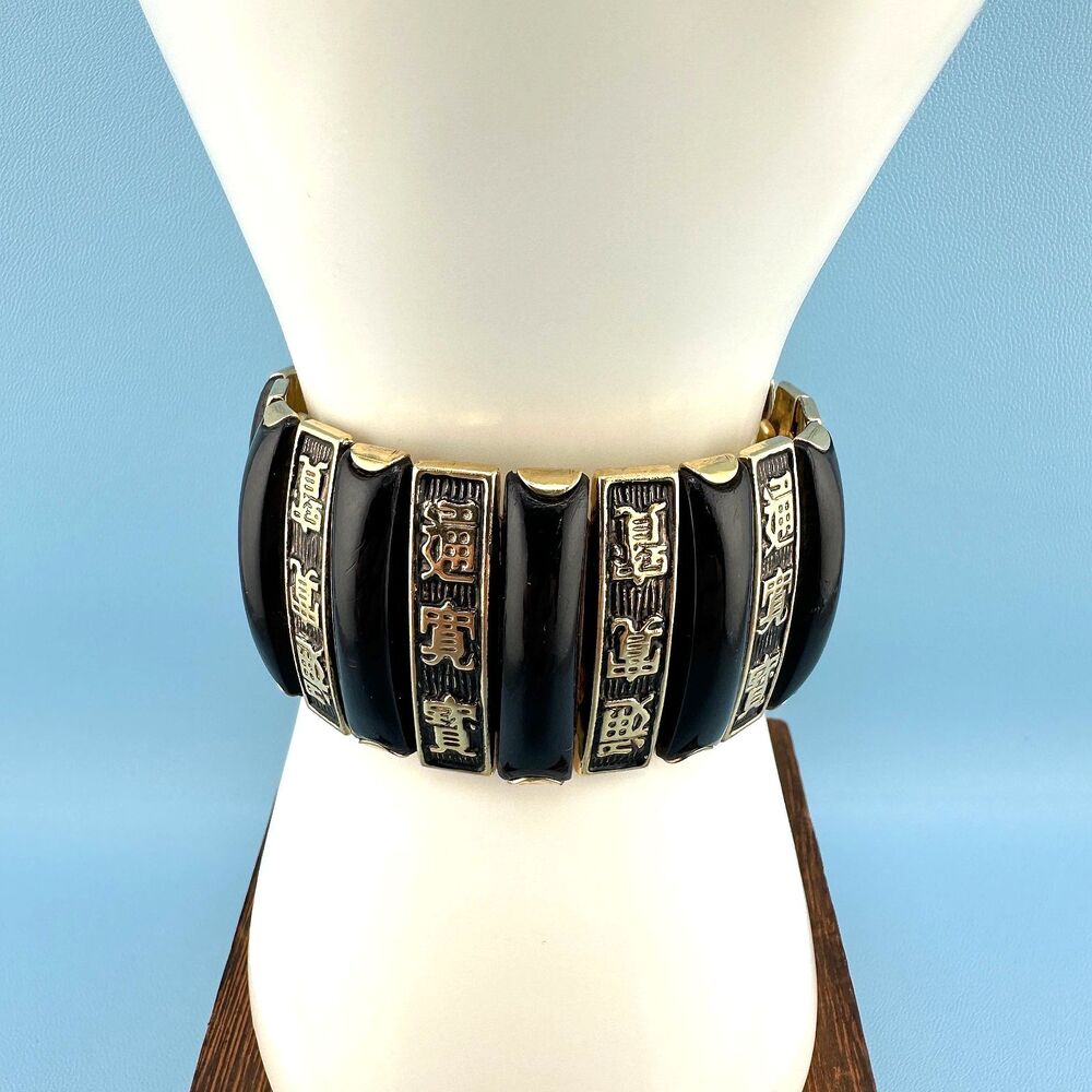 Vintage Bracelet Asian Panel Bar Expandable Stretch Link Gold Tone Black Enamel